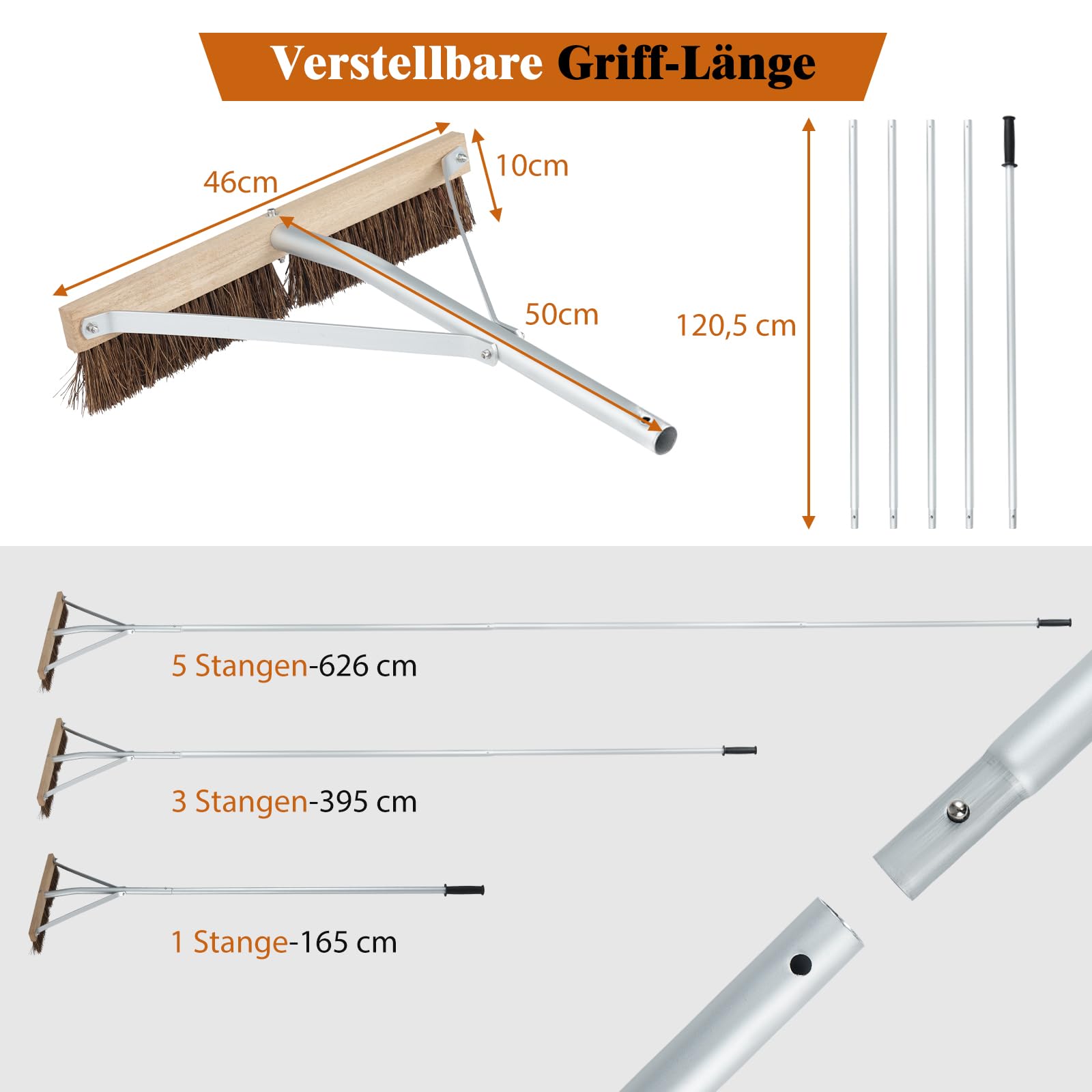 GYMAX verstellbares Dachbesen 165-626 cm, Gartenharke mit Bürstenkopf & Rutschfester Griff, Laubrechen für Landschaftspflege Gartenpflege