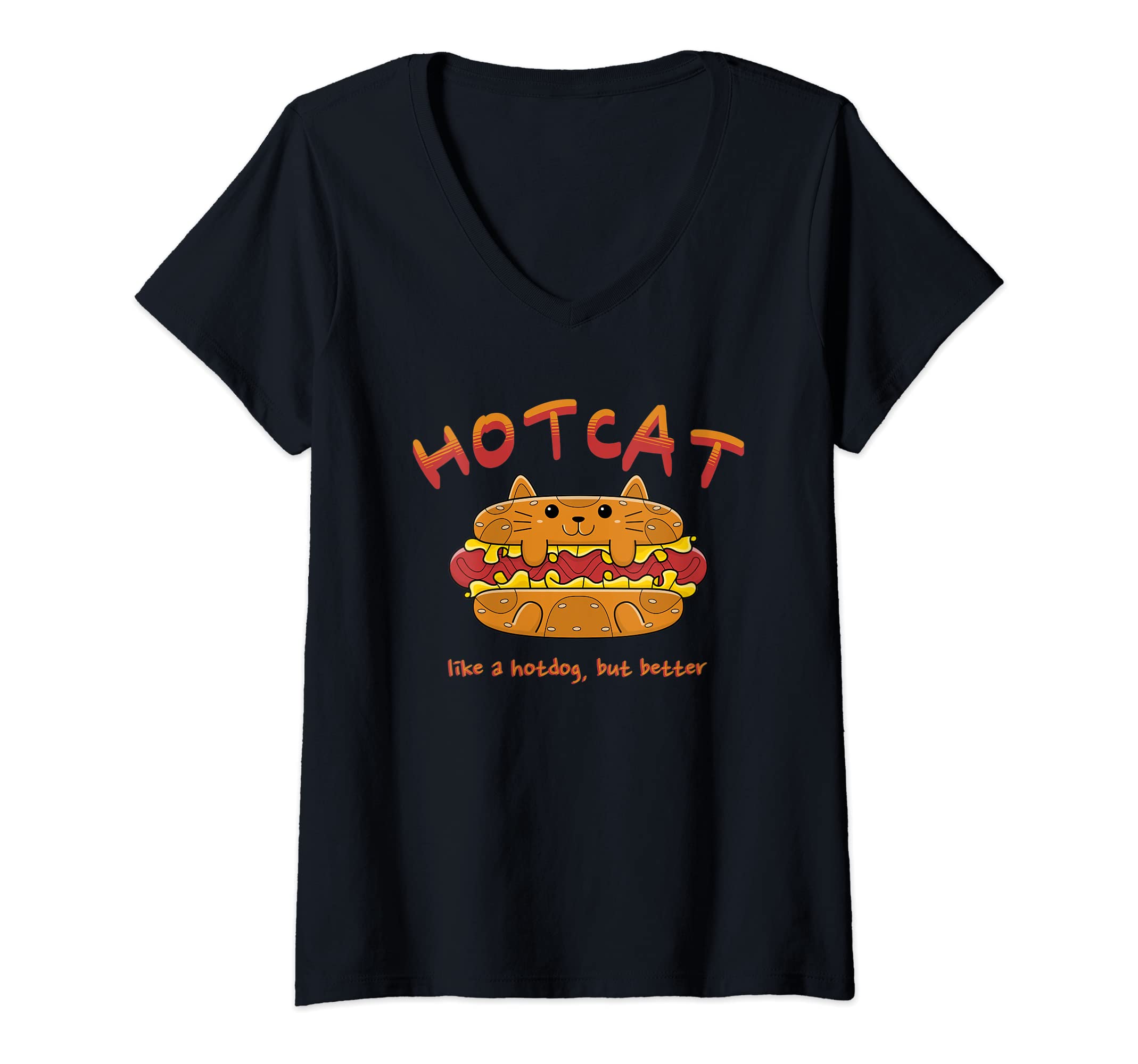 Womens Funny KAWAII Anime Cat, HOTCAT Hotdog V-Neck T-Shirt