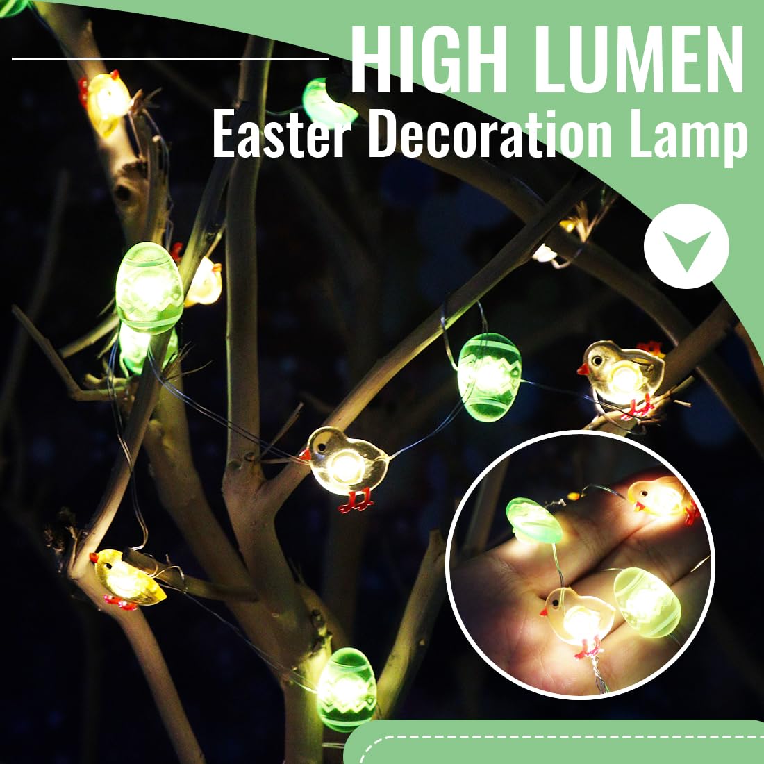 Lichtsnoer met 20 kuikens en eieren, led-lichtketting met 20 leds, paasverlichting, batterij-aangedreven lichtketting voor Pasen