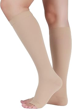 Lin Performance 30-40 mmHg Compression Stockings for Women and Men Knee High Open Toe Beige,S