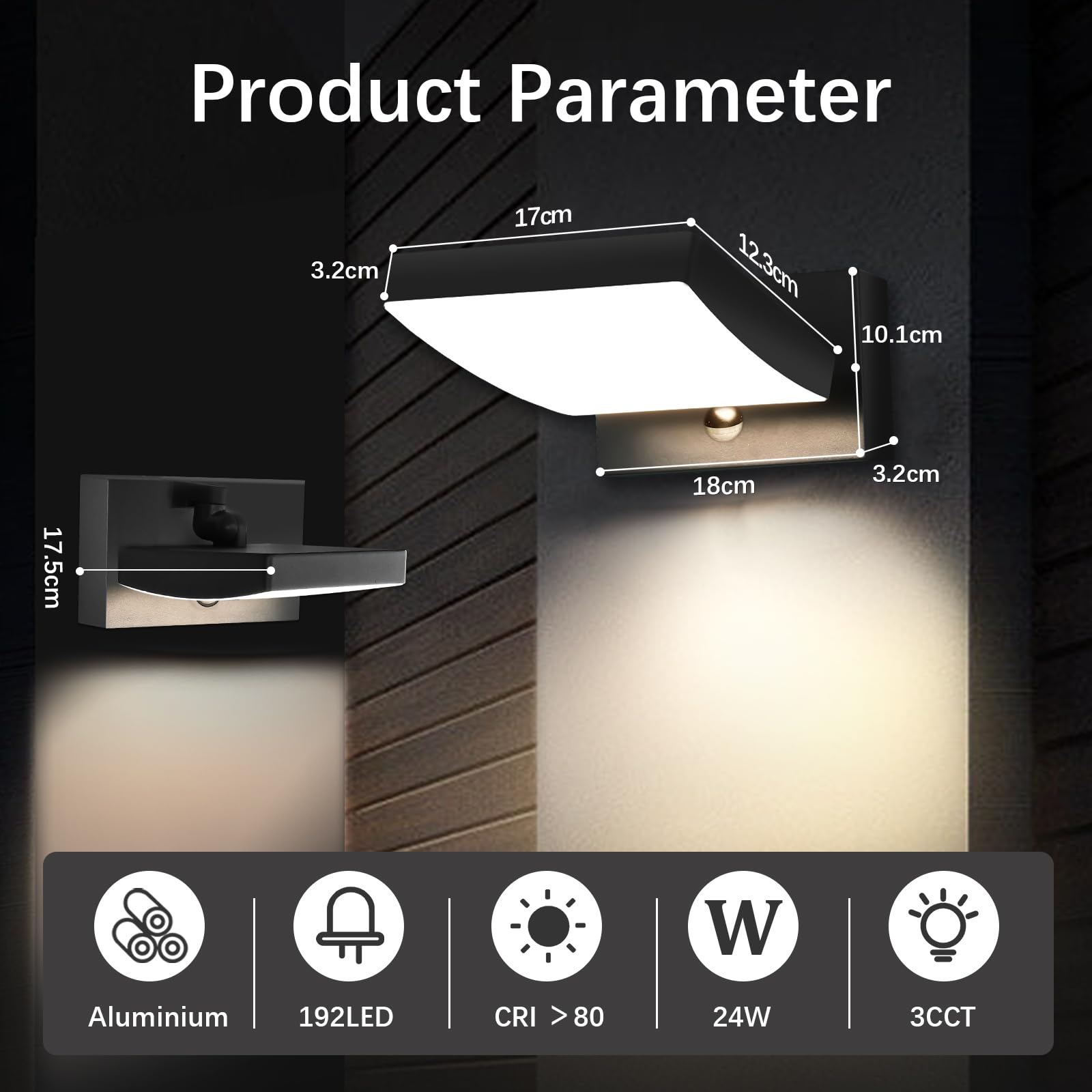 GeyouLux 24W LED Außenlampe mit Bewegungsmelder, IP65 Aussenleuchte mit Schwenkbar LED Panel, 3CCT Wandleuchte Innen/Außen, 3000LM Aluminium Aussenlampe für Garage Terrasse, Schwarz
