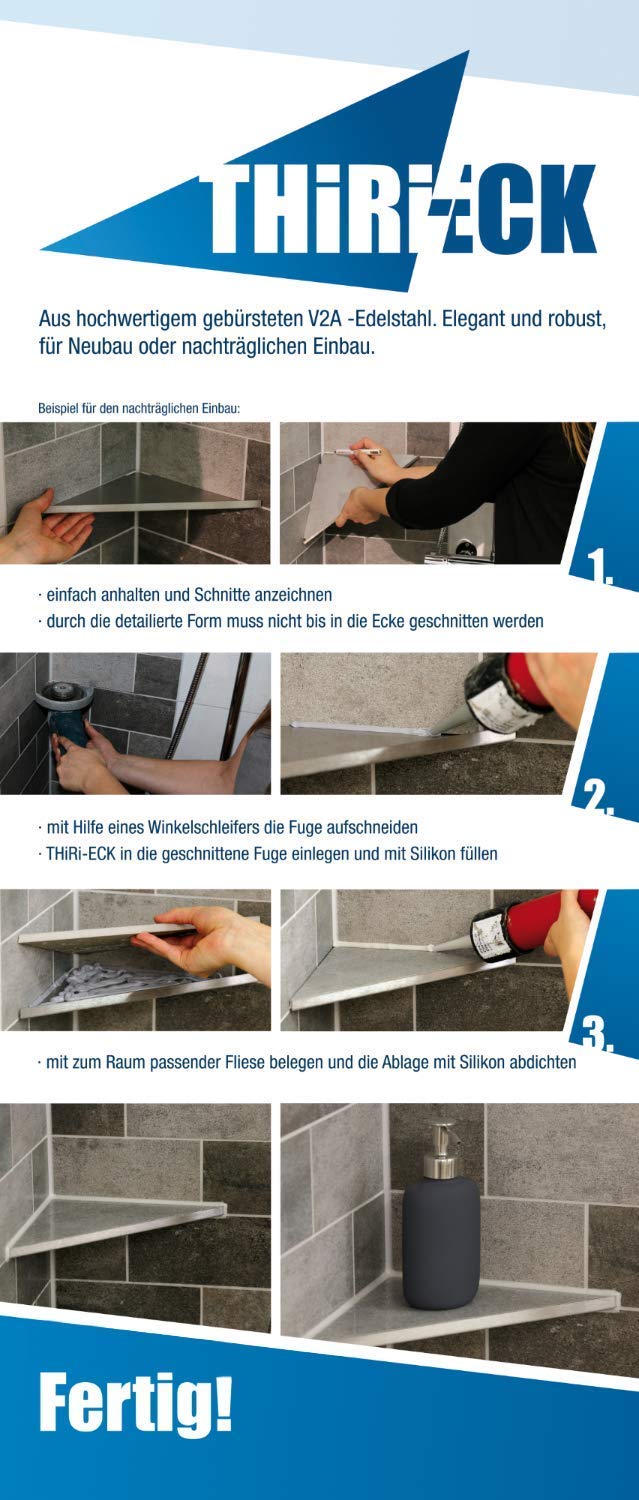 Duschablage Eckablage ohne Bohren für Bad befliesbar V2A Edelstahl (265 x 265 mm)