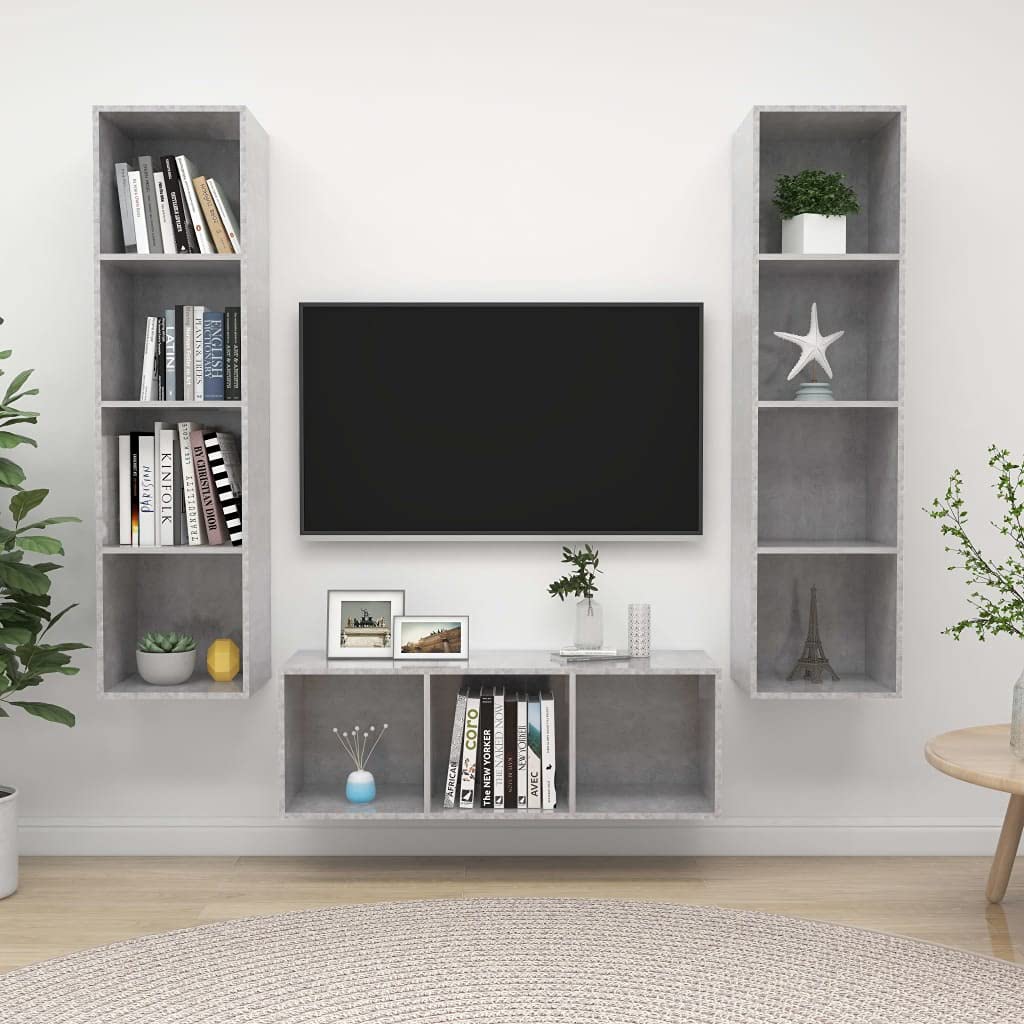 3-TLG. TV-Schrank-Set Betongrau, Holzwerkstoff, Hängend, Modernes Media-Center für Wohnzimmer und Schlafzimmer, Stilvolle Aufbewahrung