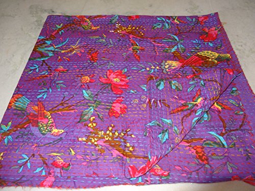 Tribal Asian Textiles Bird Print Queen Size Kantha Quilt, Kantha Blanket, Bed Cover, Queen Kantha Bedspread, Bohemian Bedding Kantha