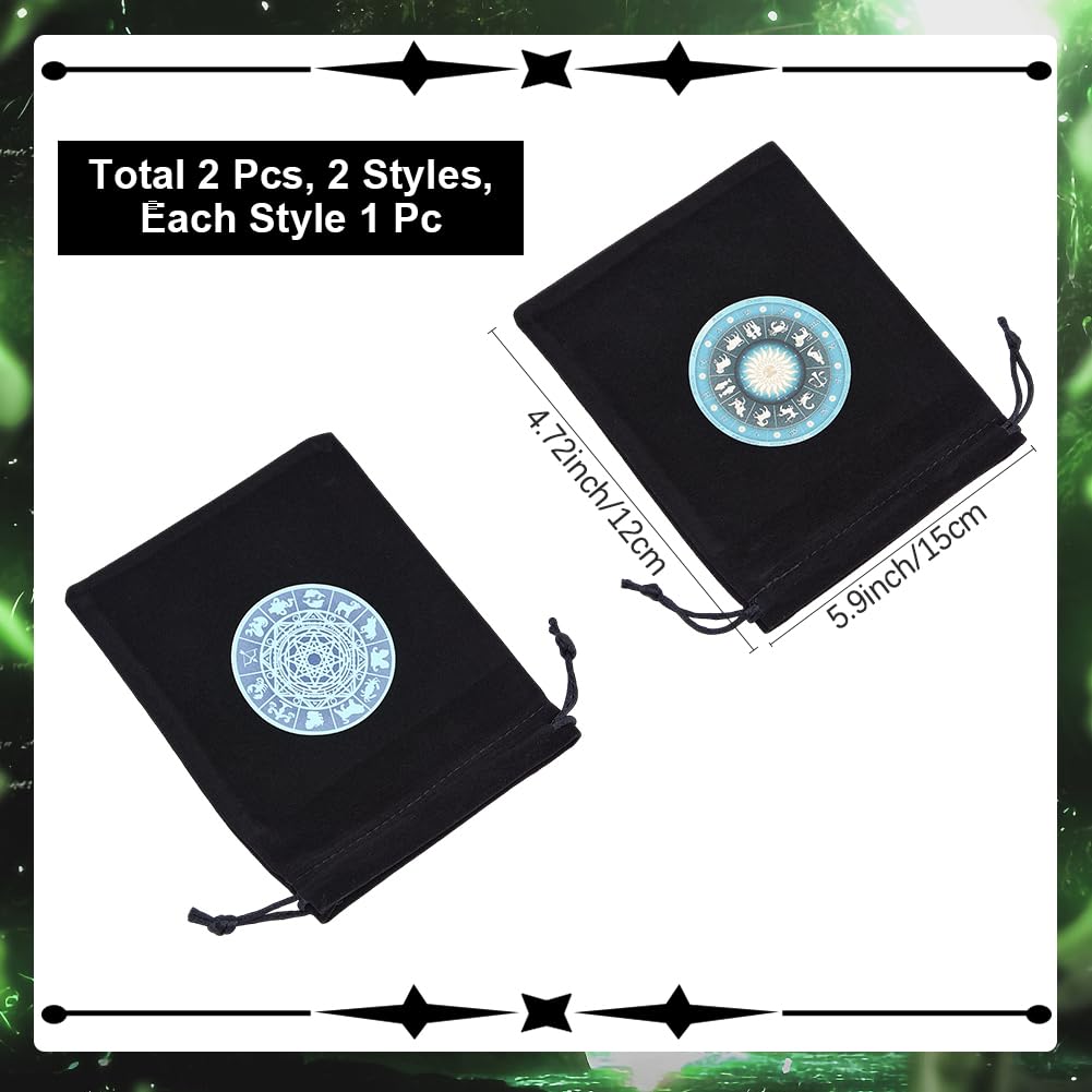 CREATCABIN 2Pcs Tarot Cards Bags Velvet Drawstrings Bags Dice Tarot Cards Holder Pouches Black The Zodiac Tarot Jewelry Storage Bag Wrap for Enthusiasts Crystals Dices Witchcraft 5x6Inch - Image 2