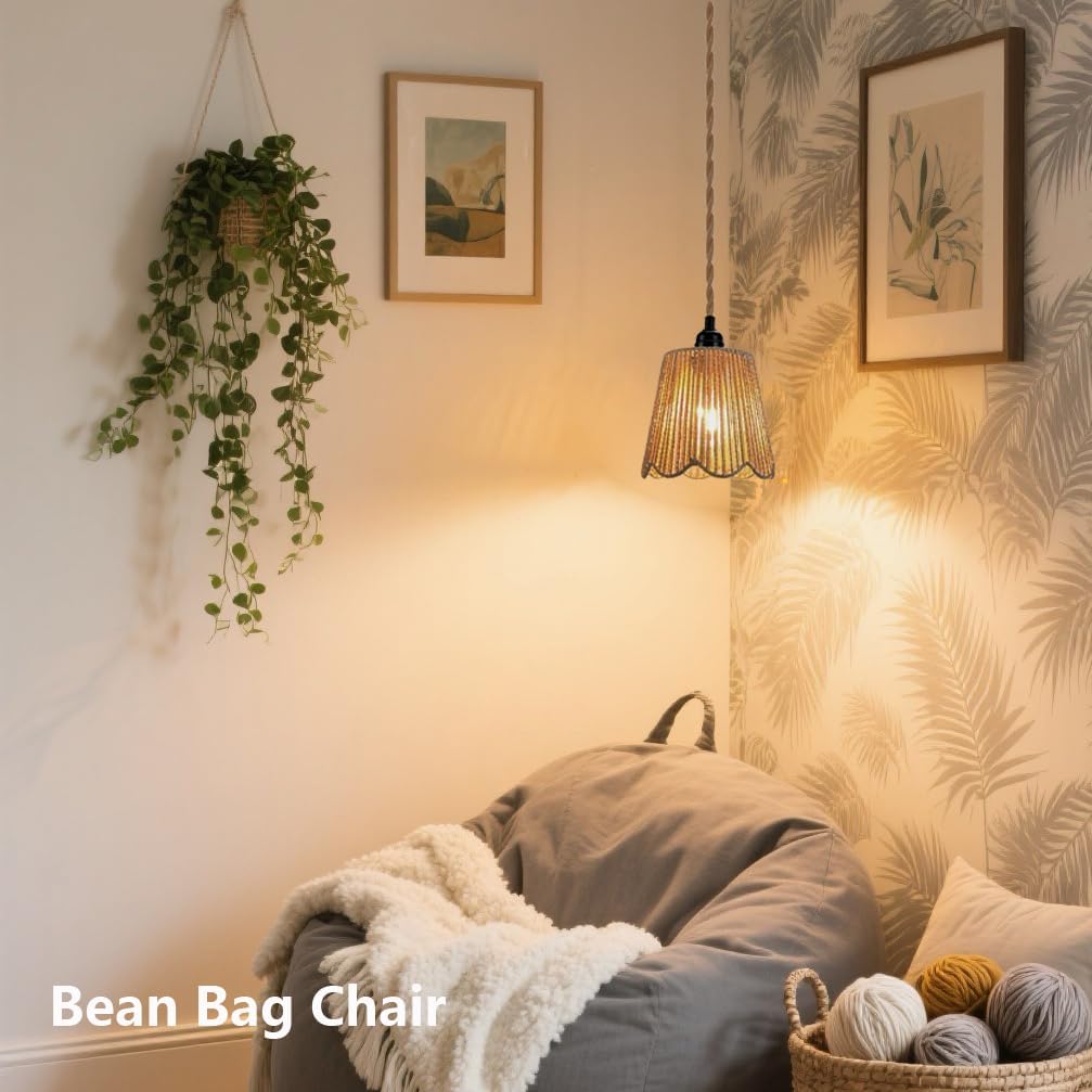 Boho Plug in Pendant Lights Hanging Lamps with Plug in Cord, Ceiling Lamp Rattan Round Lamp Shade On-Off Switch Bohemian Decor for Hanging Plant Shelf Shelves Bedroom Living Room Corner