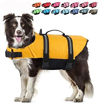 EMUST Dog Life Jackets, Reflective & Adjustable Preserver Vest with Enhanced Buoyancy & Rescue Handle for Swimming (XL, Yellow)