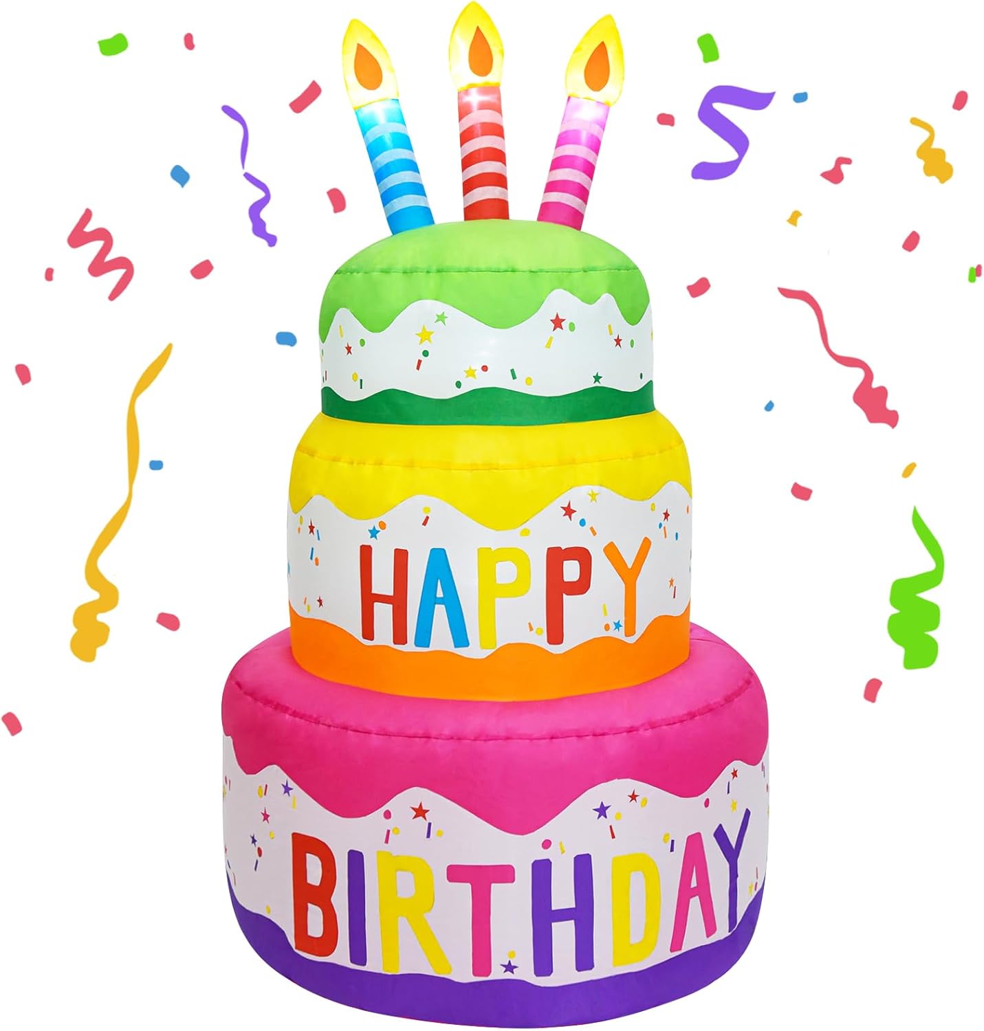 4 Ft Inflatable Happy Birthday Cake Decorations Outdoor with Built-in LED Lighted, Colourful Blow Up Birthday Cake with Candles for Party Yard Lawn Garden Indoor Home Celebration