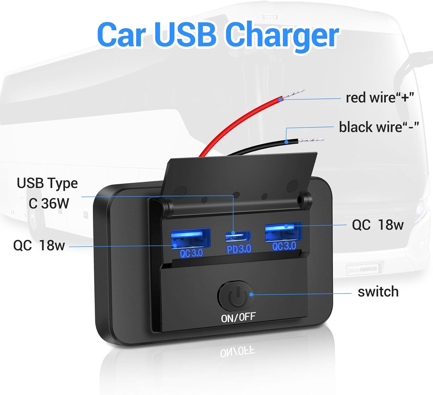 KKMOL 2 Pack 3 Ports RV USB Outlet With Cap, 12V/24V Wall Mount Car Socket Charger Panel With Switch PD3.0 Type-C & Dual Quick Charge QC3.0 for Cars, Trucks, Boats, Bus, VHBQ0002-005