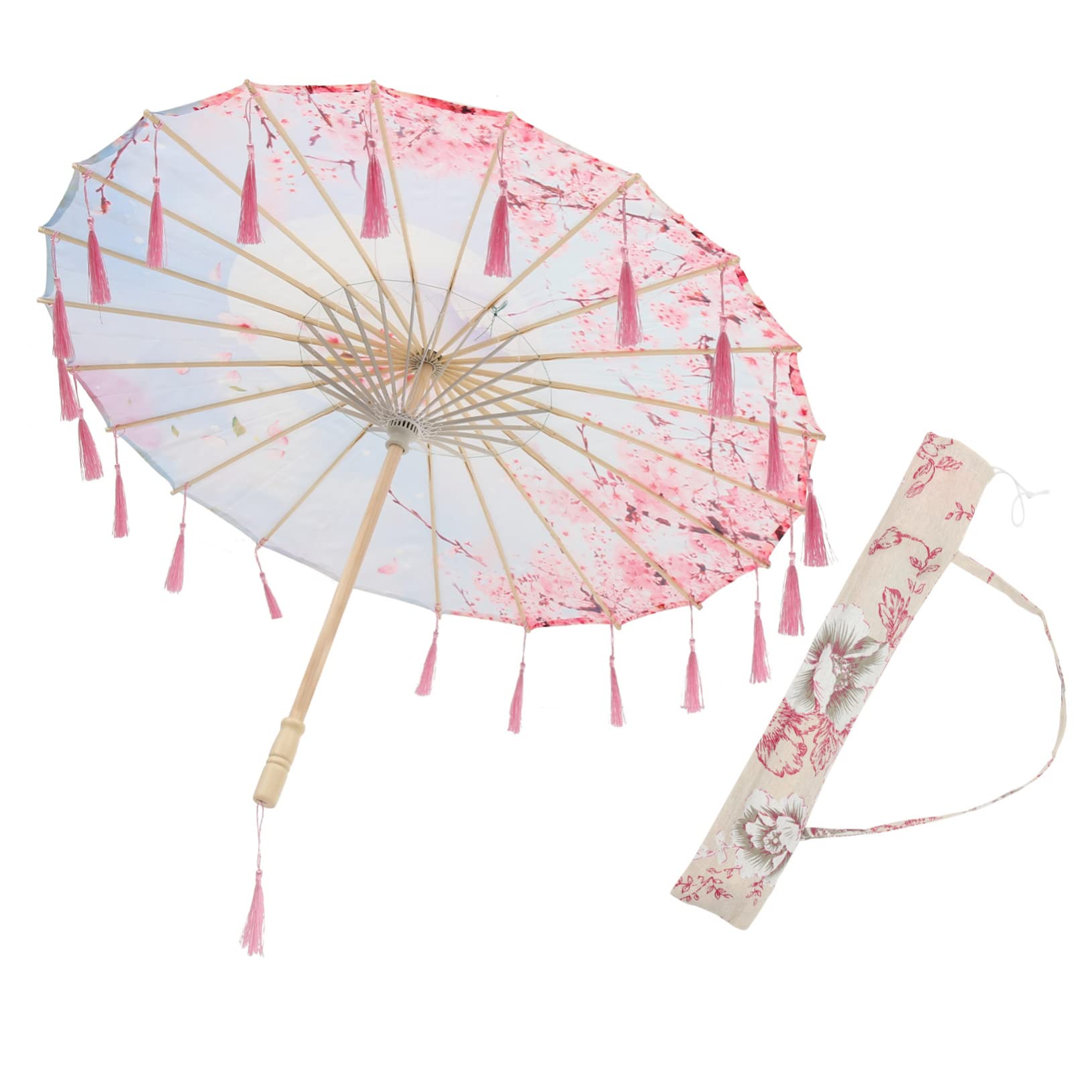 TINEASUR 1set Chinese Silk Tassel Umbrella for Dance and Photography Vintage Style Art Parasol Elegant Cherry for Weddings Outdoor Events and Collectors