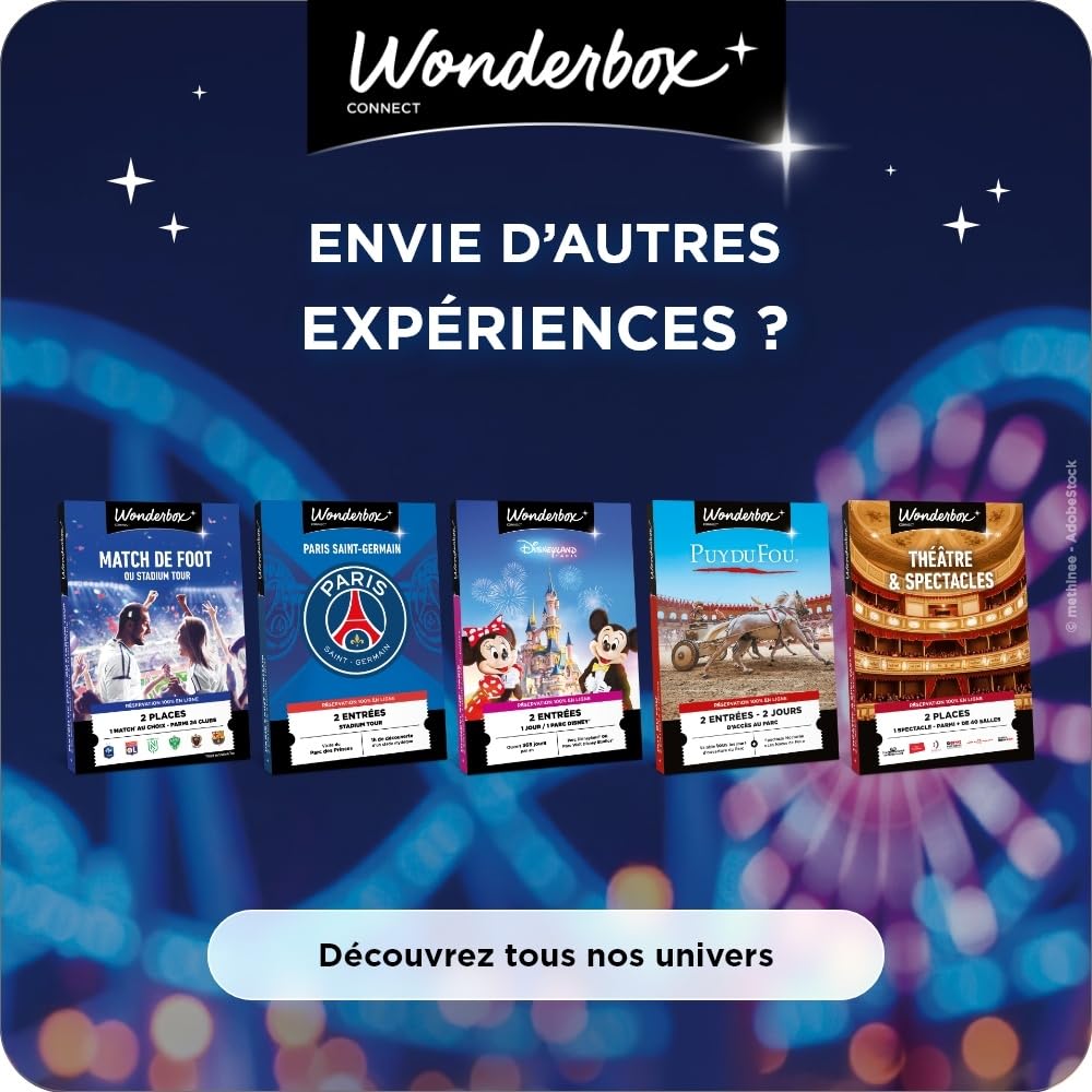 Wonderbox Connect - Coffret Cadeau - Matchs, Parcs à Thème & Spectacles en Duo - 2 entrées pour Un Parc d'attraction ou 2 Places pour Un Match ou Un Spectacle - Partout en France - Validité 27 Mois