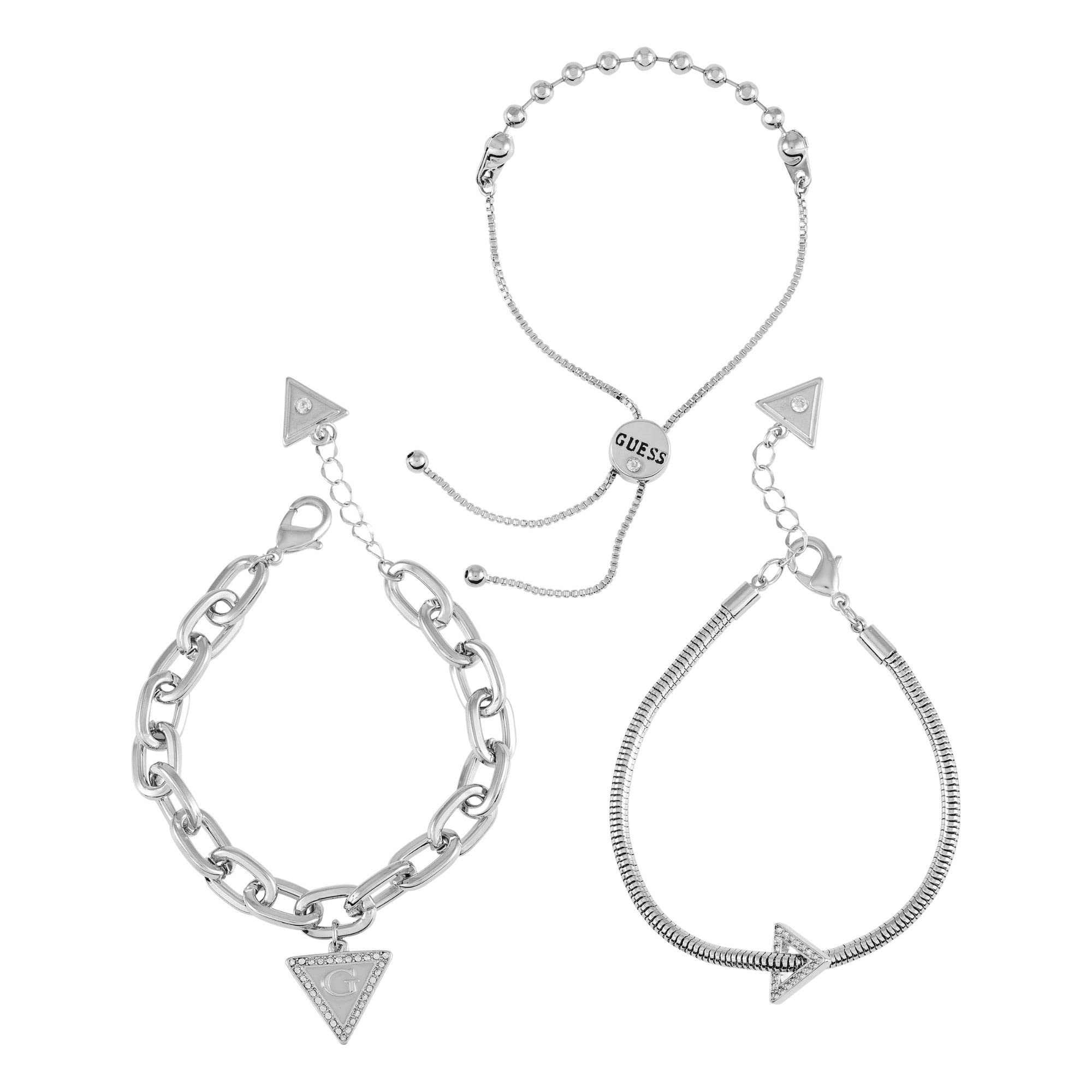 GUESSDenim Vibes Logos SIlvertone 3-Piece Mixed Bracelet Set