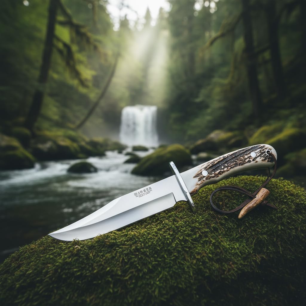 Joker Bowie CC96 Bowie Messer, Gürtelmesser mit Hirschhorngriff, jagdmesser mit 16 cm MOVA Stahlklinge, inkl. brauner Lederscheide, Werkzeug zum Angeln, Jagen, Camping und Wandern