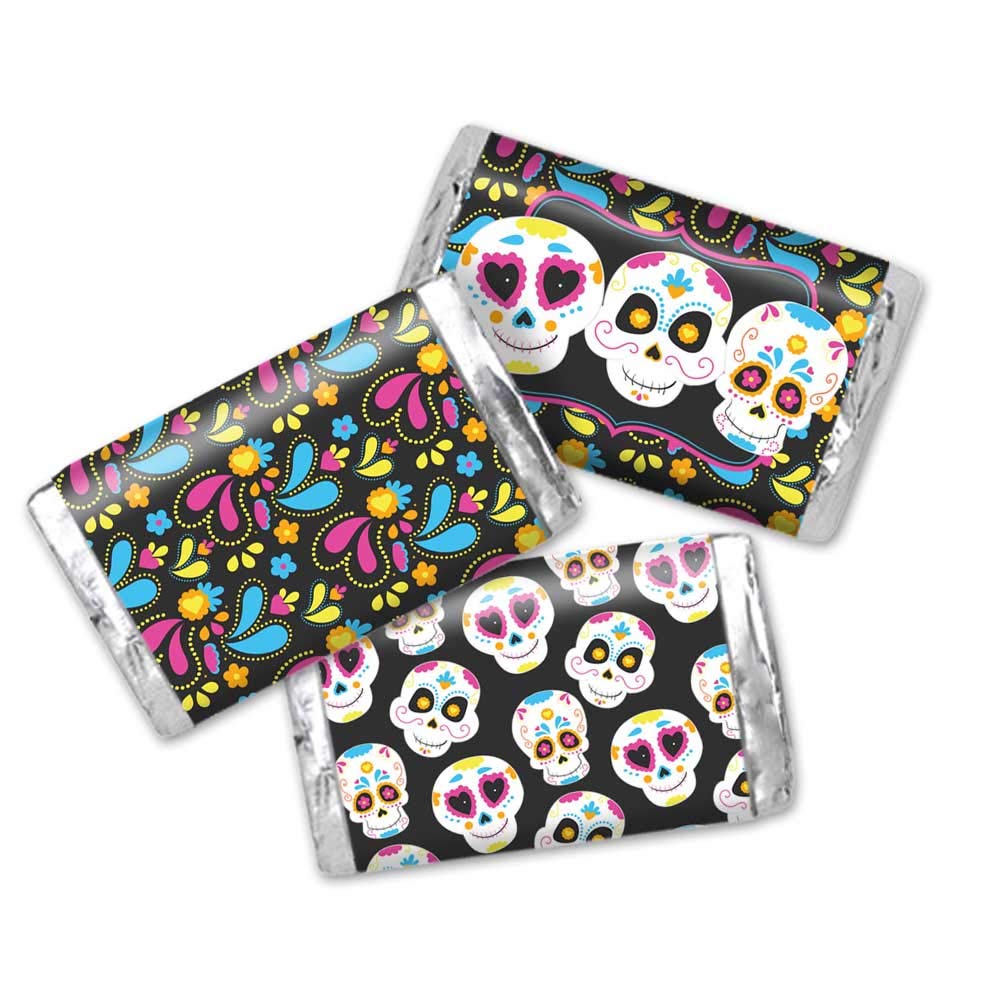 Sugar Skull Day of The Dead, Dia De Los Muertos Halloween Themed Mini Chocolate Candy Bar Sticker Wrappers, 45 1.4" x 2.6" Wrap Around Labels by AmandaCreation, Great for Party Favors