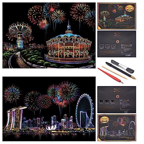 BOTEEN Scratch Painting Rainbow Paper by BOTEEN, Sketch DIY Art Craft Night View Creative Gift,Scratchboard for Adults and Kids ,Craft Kits with 4 Tools,Size:16''x11''