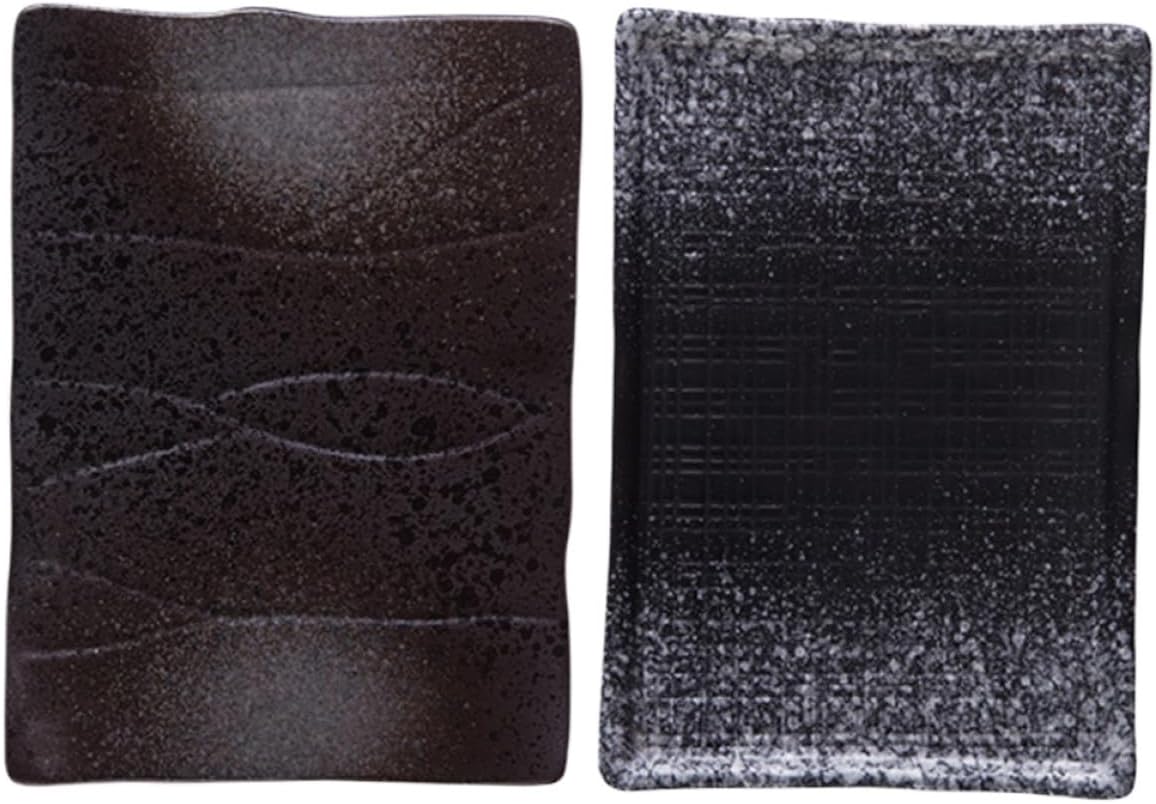 Japanese Style Rectangular Sushi Plate Set, 8-inch Melamine Snack Plates with Dark Grid and Black Pearl Finish, Household Specialty Dinnerware for Sushi and Appetizers, 2 Pieces