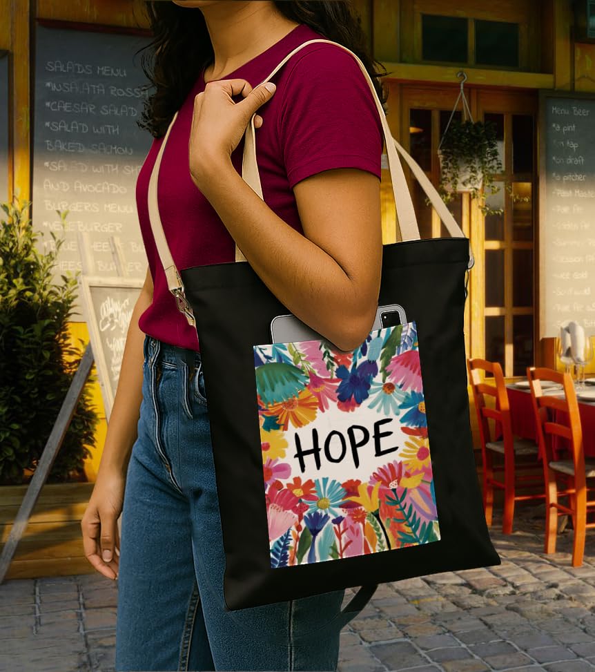 Image of ZORI Black Sling Tote Bag With Pocket and with Beige Straps, Tote Bags For Women large capacity,Tote bag For Shopping, College, Travel, More Canvas Handbag For Unisex