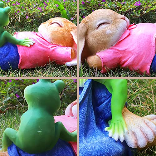 Syfunlv Deko Hasen für draußen,Groß Frosch Figur,25.5 x13x13.5cm Kaninchen mit Frosch Garten Statue Lustig Skulptur für Balkon, Am Teich, Grün Gartenfiguren ZubehöR Rasendekoration