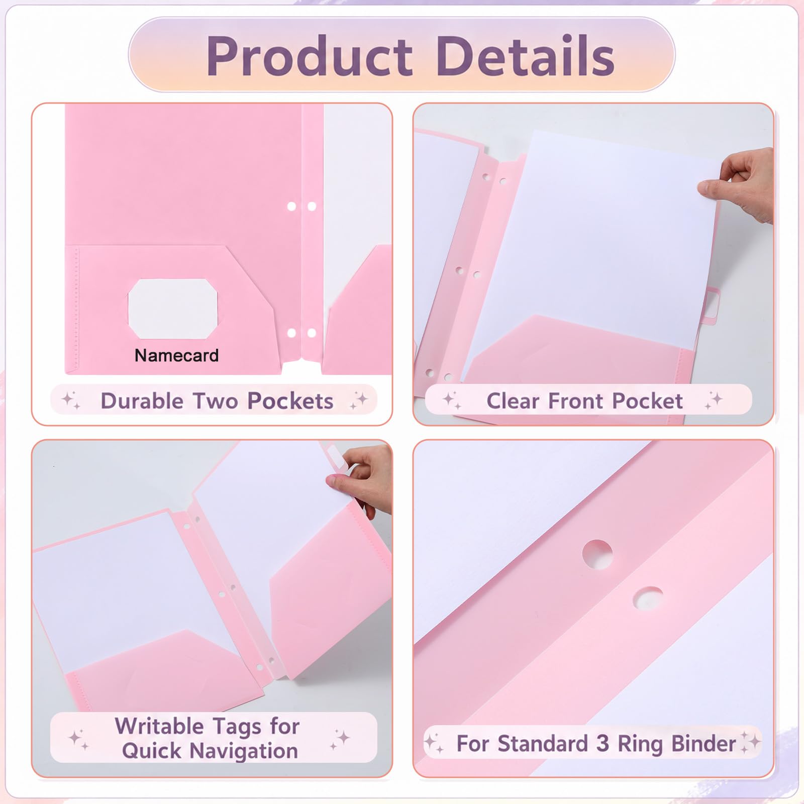 Lot de 24 dossiers en plastique avec poches perforées à 3 trous, 3 anneaux, onglets de coupe 1/6 perforés, format lettre pour école, bureau, salle de classe, enseignants, étudiants, personnel (Pastel)