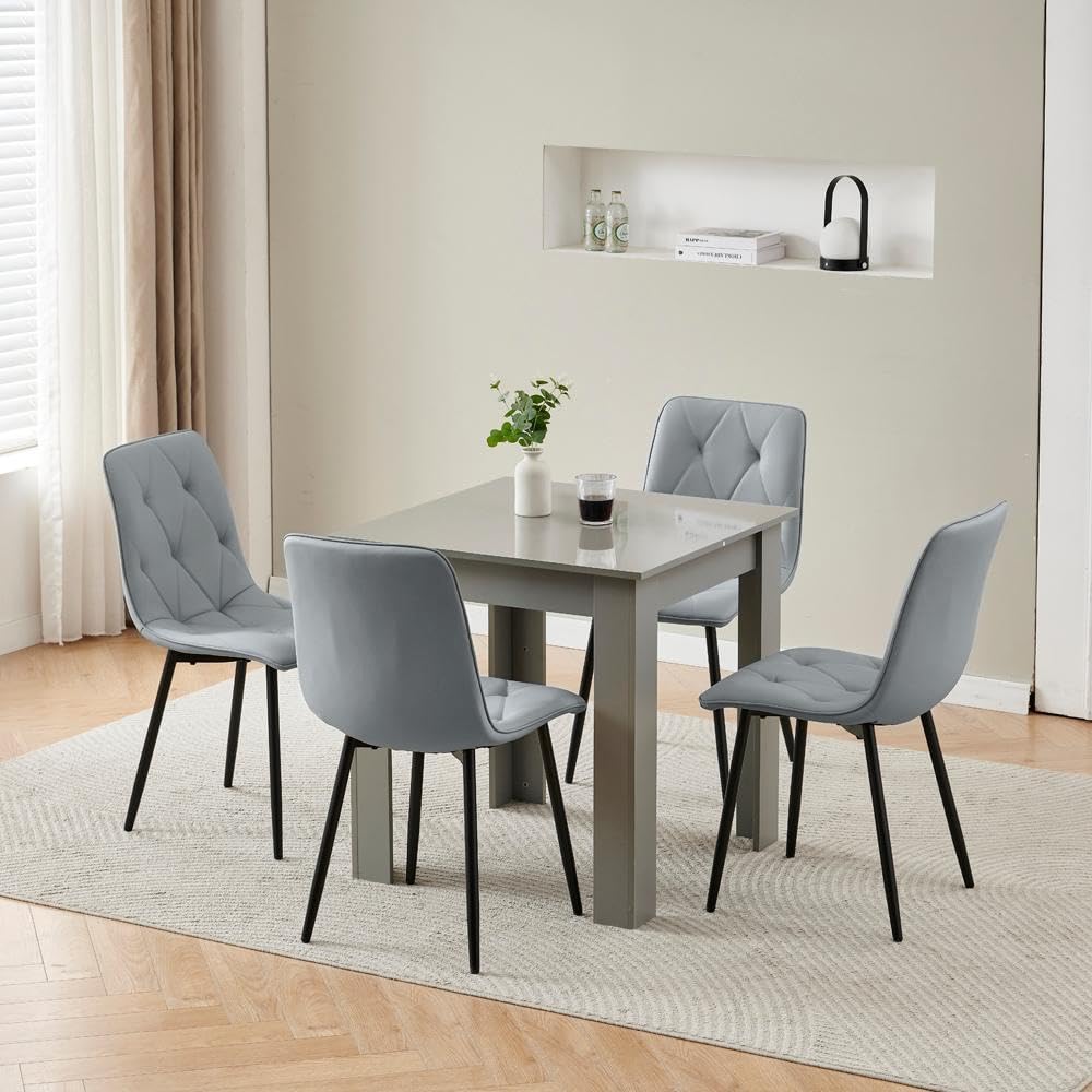 Homullel 75x75 cm Small Dining Table and 4 Chairs, 4 Seater Table and Chairs Set Kitchen Dining Room Set for 4, Compact, Space Saving, Wooden, Glossing Tabletop Grey (4 Seats, Velvet Diamond Gray)