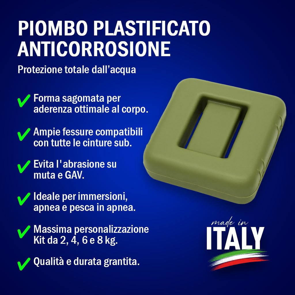 Ballast sous-marin en plomb plastifié de 2 kg. Kit de 2, 4, 6 et 8 kg. Écologique, anti-corrosion, fabriqué en Italie. Idéal pour la plongée, l'apnée et la pêche sous - Couleurs : jaune, vert et noir.