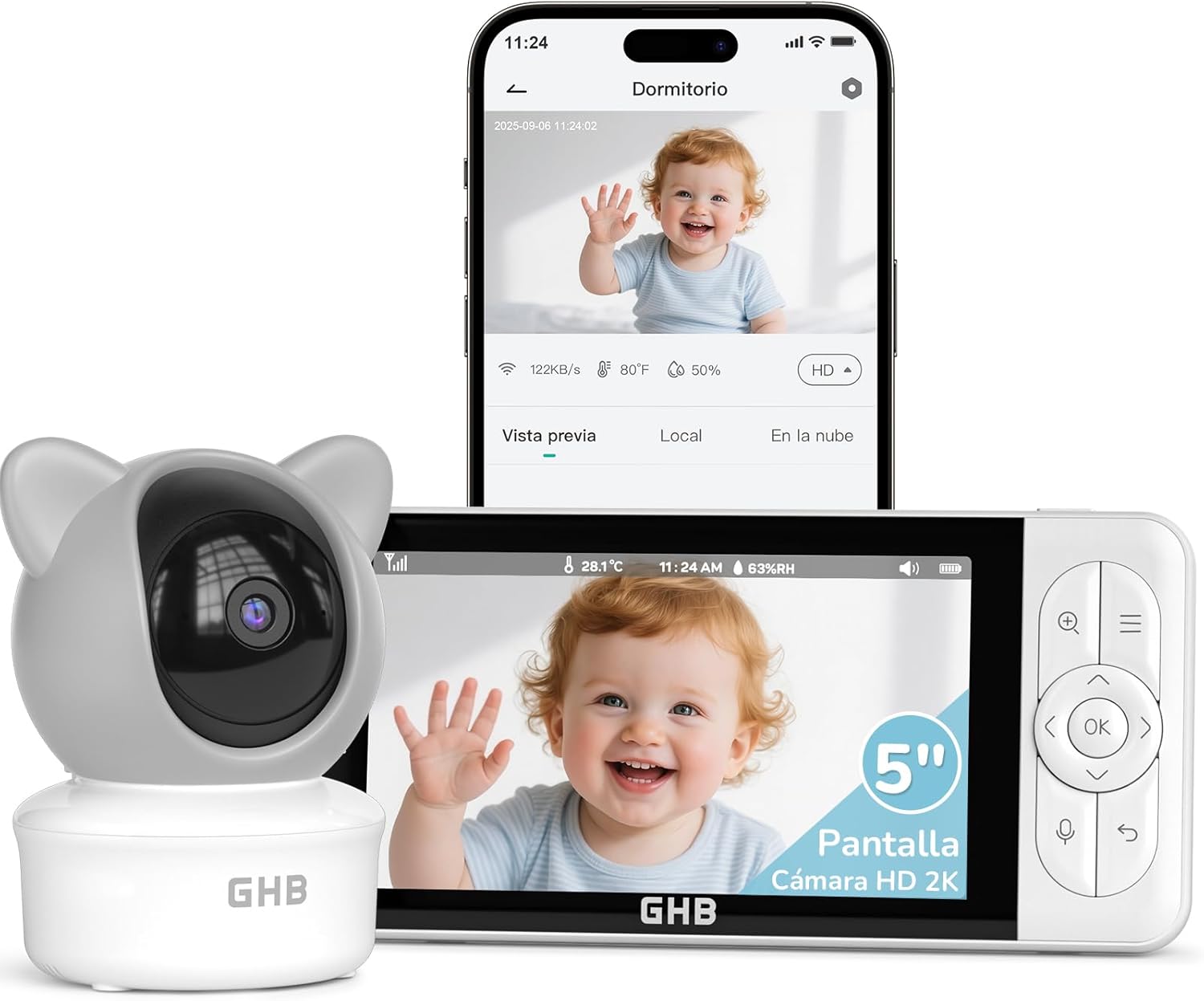GHB Camara Vigilancia Bebe App WiFi 2K 5 Pulgadas Vigilabebes con Camara PTZ 350°/65° Detección de Movimiento/Sonido/Temperatura/Humedad Visión Nocturna 4XZoom VOX Control de Monitor y Movil