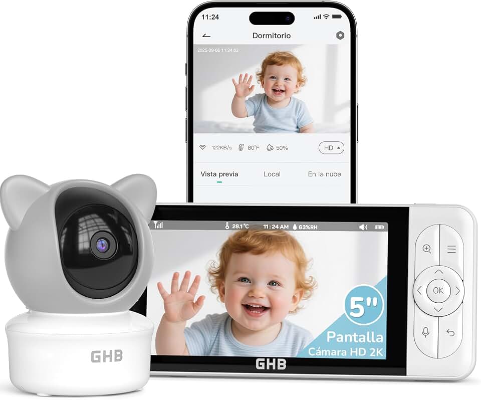 GHB Camara Vigilancia Bebe App WiFi 2K 5 Pulgadas Vigilabebes con Camara PTZ 350°/65° Detección de Movimiento/Sonido/Temperatura/Humedad Visión Nocturna 4XZoom VOX Control de Monitor y Movil