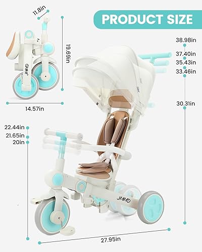 Miniatura 8 de Triciclo para bebé, 7 en 1 multifuncional para niños con mango ajustable para padres, arnés de seguridad y frenos de rueda, toldo extraíble,