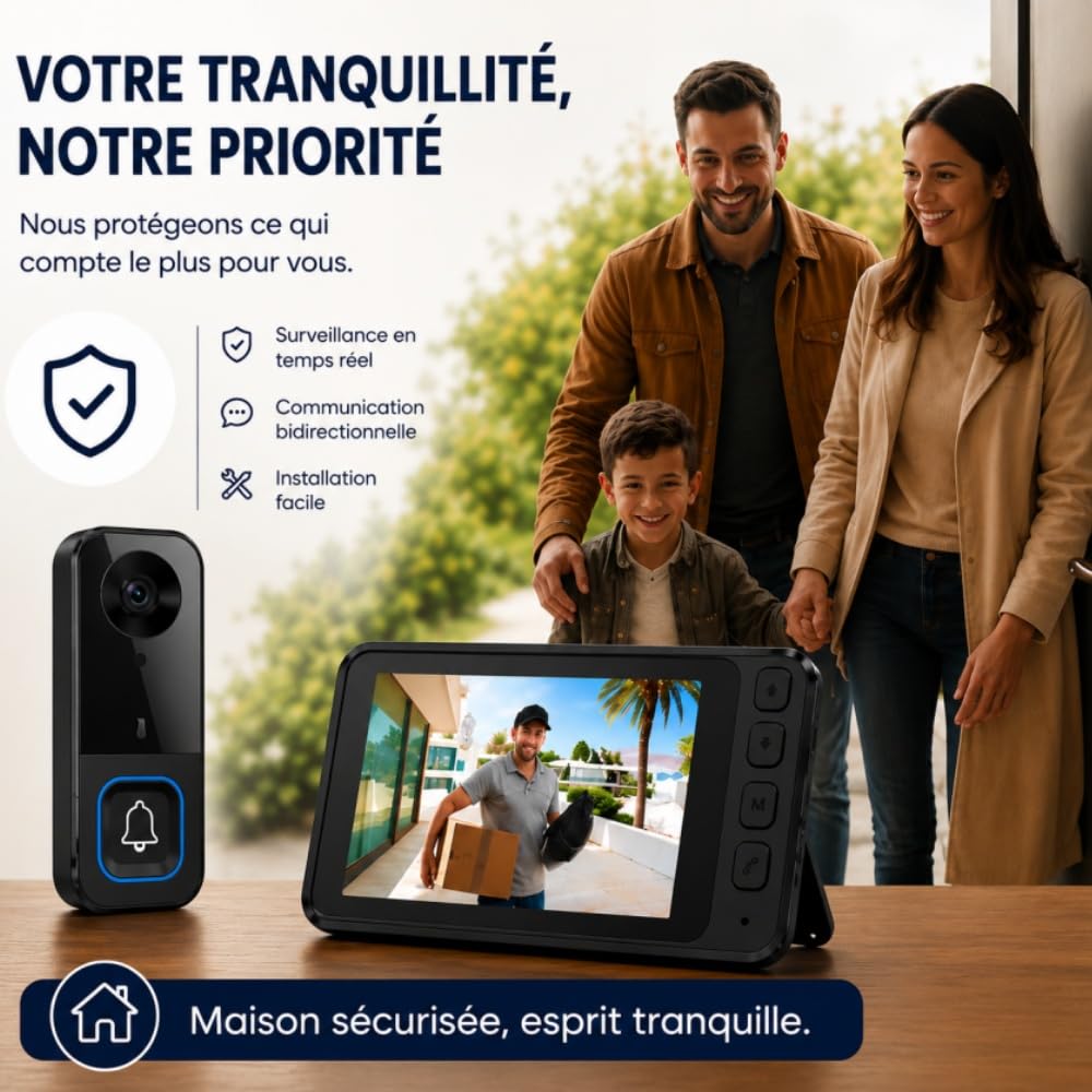 TKMARS Sonnette Vidéo 1080P avec Écran IPS 4.5 Pouces | Audio Bidirectionnel, Visiophone sans Fil 2.4 GHz, sans WiFi ni Application, Vision Nocturne IR, Étanche IP65