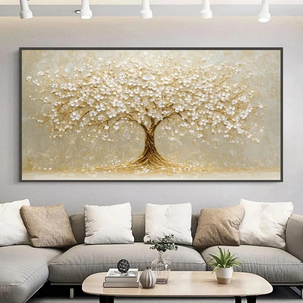 LTjiajuypd Golden Blossoms Tree Of Life Painting On Canvas Nature Landscape Wall Art Room Decor(55X110cm)