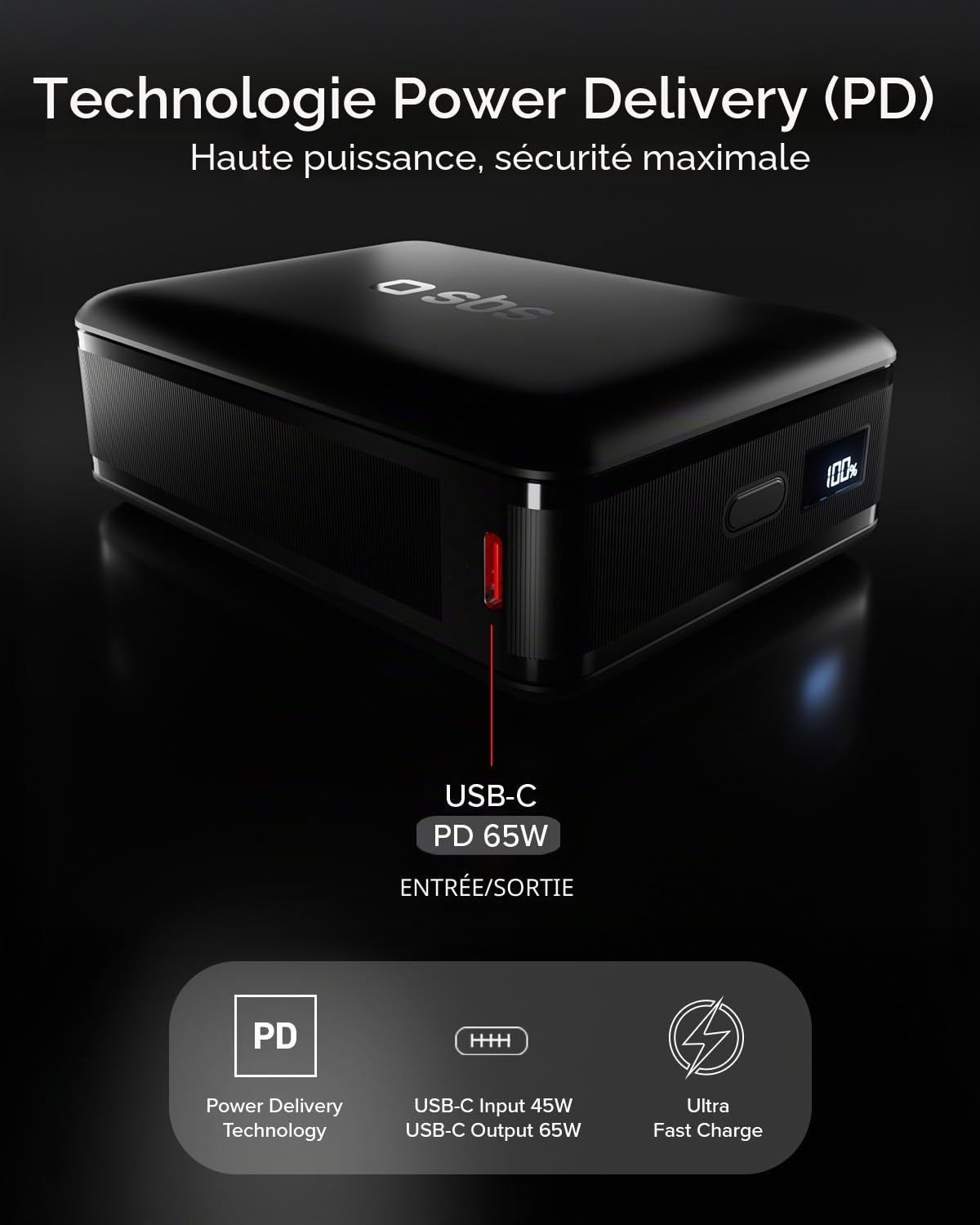 SBS NanoTube PowerBank HD, 20000mAh, 65W de Puissance (3.1 PPS), AFC, Batterie Externe avec Charge Rapide, Haute Densité, Écran LCD, USB-C, Chargeur de Voyage Portable, Design Compact, Noir