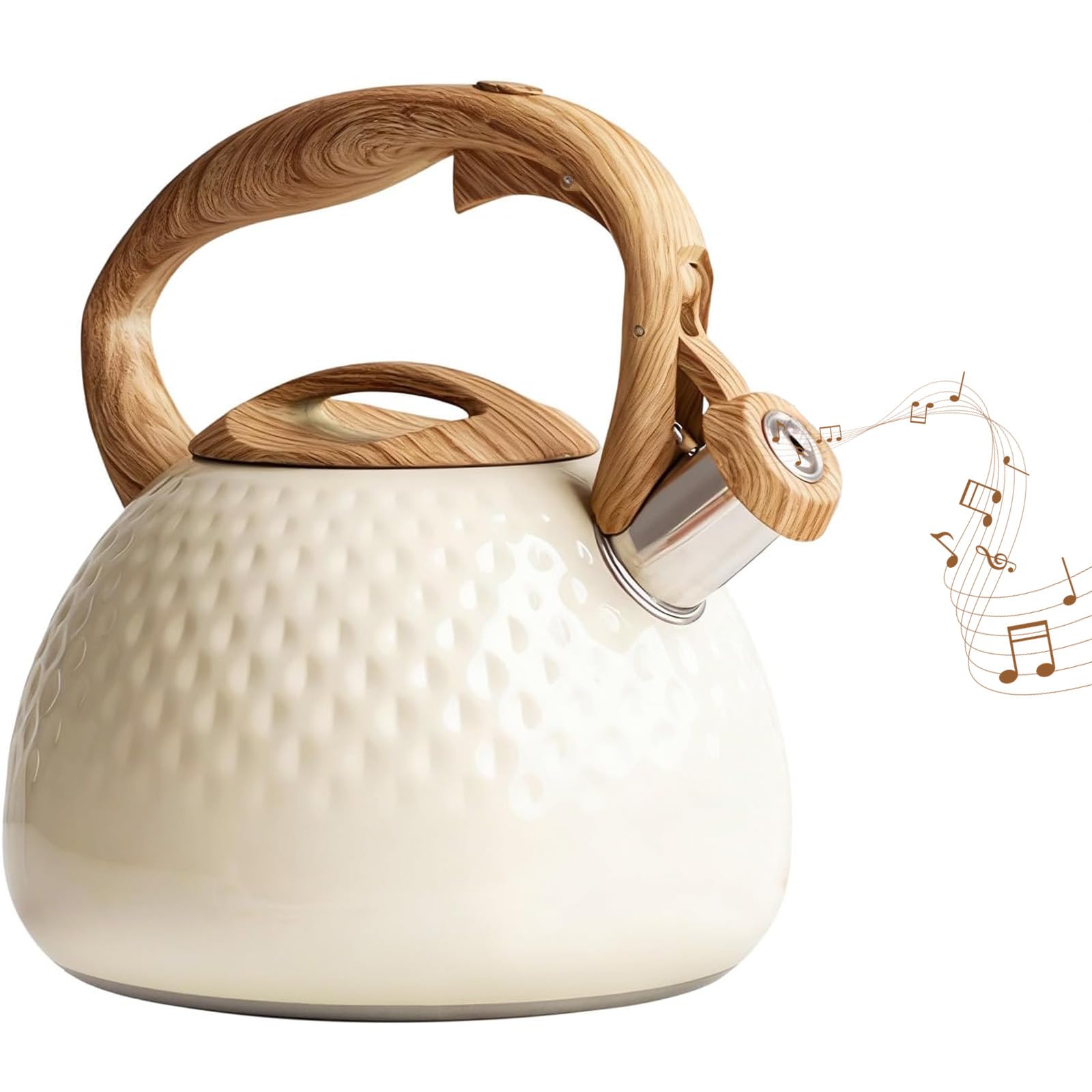 Stove Top Kettle,3L Whistling Kettle for Gas Hob with Wood Pattern Handle Loud Whistle Food Grade Stainless Steel,Anti-Hot Handle and Anti-Rust,Suitable for All Heat Sources,Beige