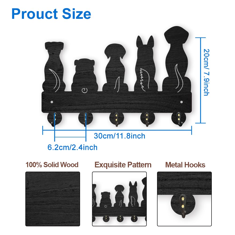MAYJOYDIY Dog Wall Mount Key Holder 30×20cm Dog Leash Organiser with 5 Alloy Hooks Pet Animal Black Key Rack Hanger for Gift Kitchen Bathroom Clothes Home Decoration - Image 2