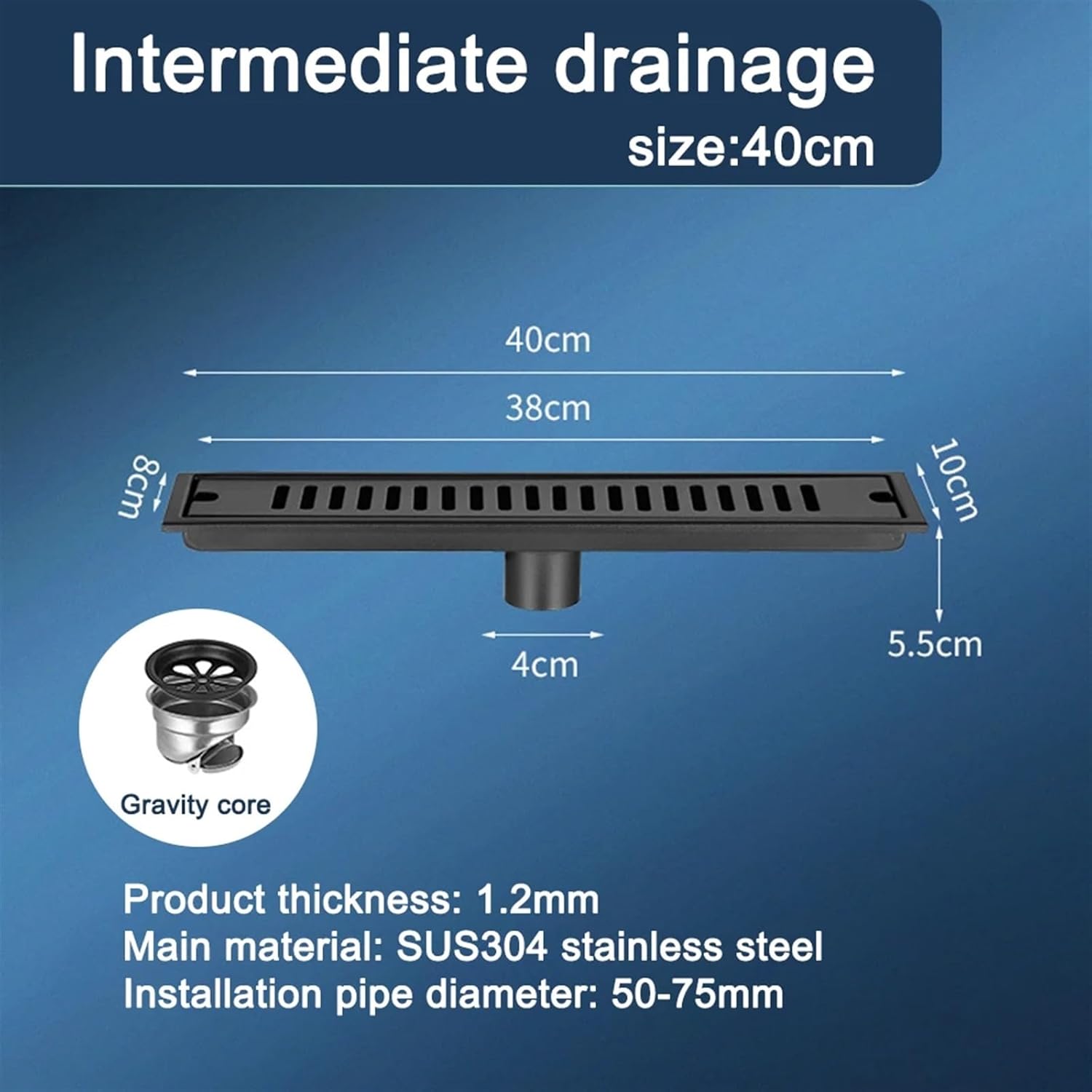 Black 20-100cm Side/mid Outlet Shower Drain Stainless Steel Bathroom Floor Drainage Linear Waste Filter Accessories 1Pcs(40x10cm Mid)
