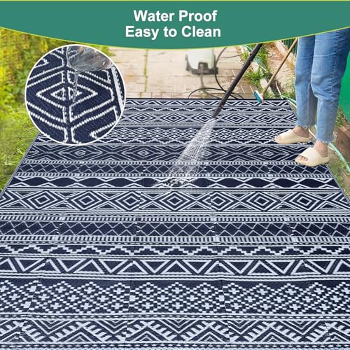 GarveeLife Waterproof Outdoor Rug 8x10 Plastic Straw Reversible Rug Large Modern Geometric Floor Mat for Outdoors, UV Resistant Foldable Portable Carpet for RV, Deck, Picnic, Beach, Navy/White by GarveeLife - Used condition - Image 4