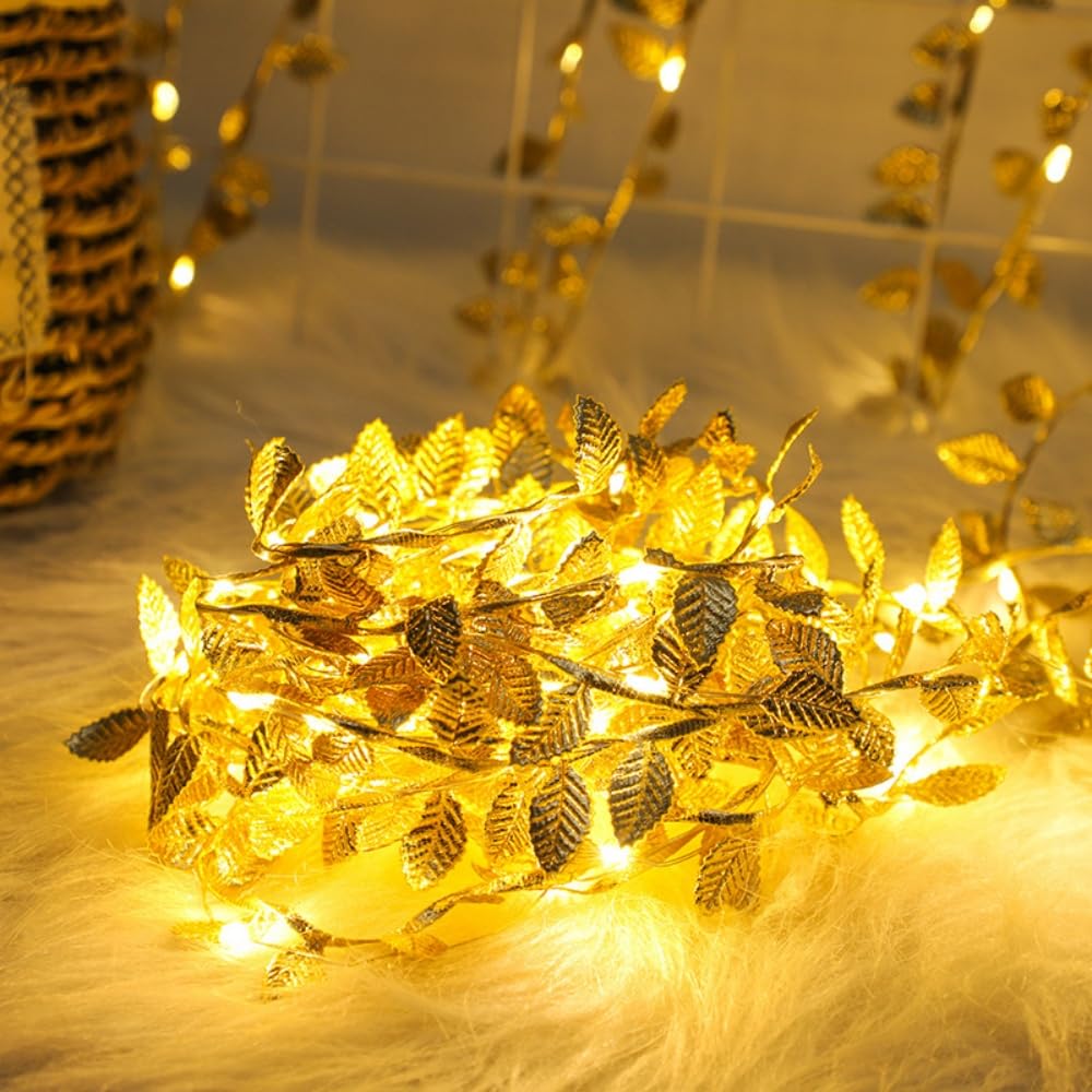Mucher Gold 50 Warm White Micro Led Battery Operated Leaf String Fairy Lights 5M Garland Light Ivy Fairy String Lights For Wedding Balcony Wall Bedroom Home Decor