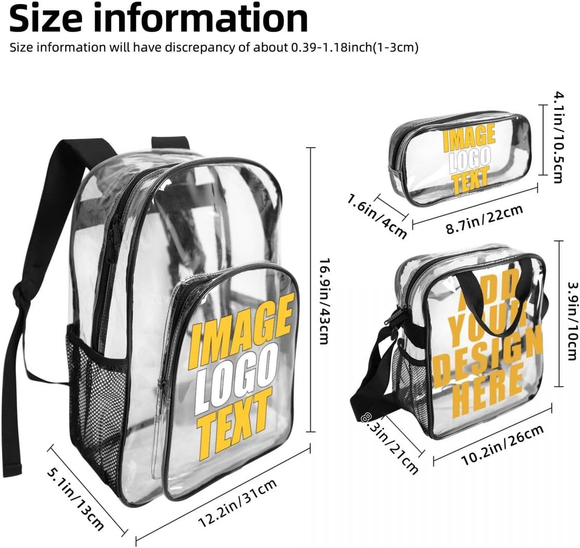 Custom Clear Backpack with Name Photo Text for Women Transparent PVC Bookbag with Lunch Box Pencil Case Set for Travel