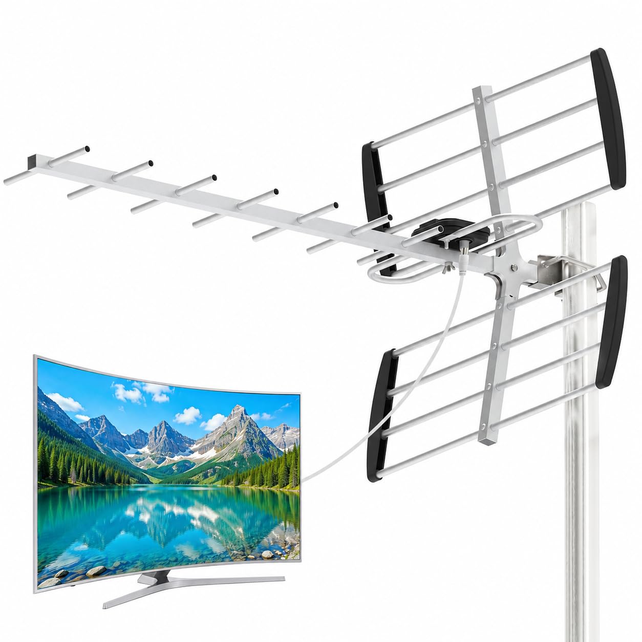 Antena TV Exterior Potente de Largo Alcance – Antena TDT Exterior HD 4K/1080P con Recepción Estable UHF/VHF, Compatible con Smart TV y DVB-T2/DVB-T (B-ES-09E-black-260608)