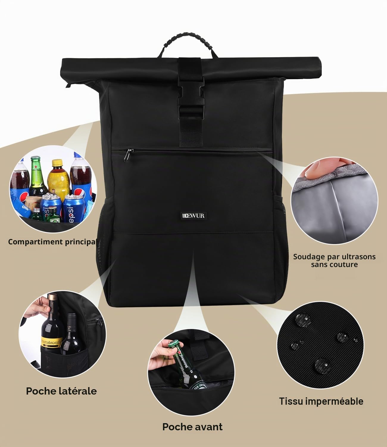 DEWUR Sac à dos isotherme 20 l - Sac à dos isotherme - Sac isotherme - Sac à dos de pique-nique étanche avec décapsuleur - Pour pique-nique, camping, plage, randonnée, voyage, shopping