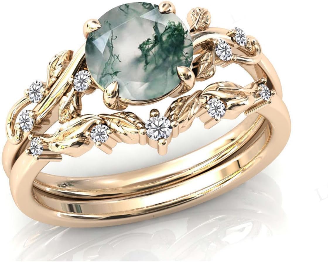 Natural Round Moss Agate Engagement Black Ring Set for Women 925 Sterling Silver Genuine Green Agate Bridal Rings Set for Her Promise Wedding Ring Set-1