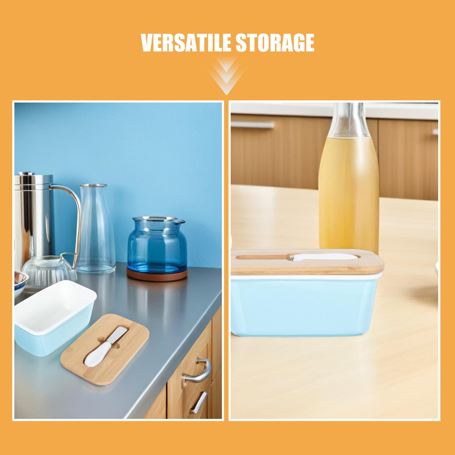 Veemoon Beurrier Rectangulaire en Céramique 600 Ml avec Couvercle Hermétique en Bois et Couteau Intégré Beurrier Décoratif pour Réfrigérateur Cuisine Conservation Optimale du Beurre et
