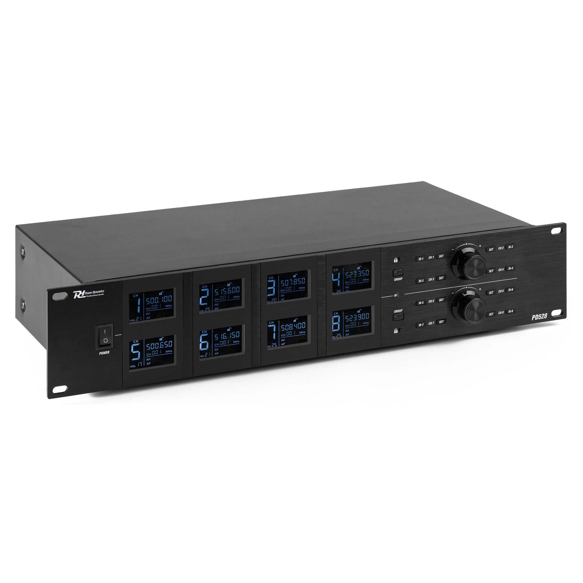 Power Dynamics PD528B UHF 8-Kanal Bodypack Funkmikrofon System mit Headsets und Lavaliermikrofonen, rauscharme Übertragung, große Reichweite, LCD-Displays, Metallgehäuse