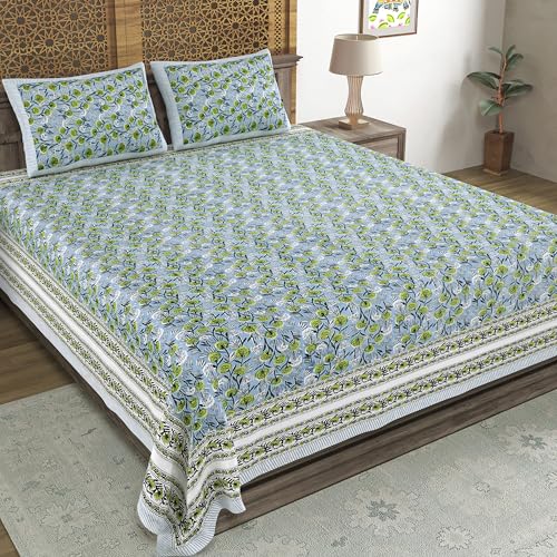 Image of BLOCKS OF INDIA Hand Block Printed 200 TC Cotton King Size Bedsheet (Grey GAD Buti)
