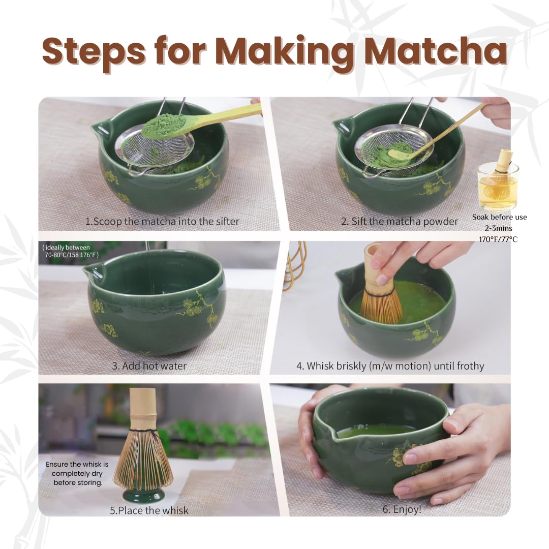 Juego de batidor de matcha, cuenco de cerámica con boquilla, batidor y soporte para matcha, cuchara y cuchara de bambú, soporte para cuchara, tamiz, toalla, kit completo de 8 piezas para