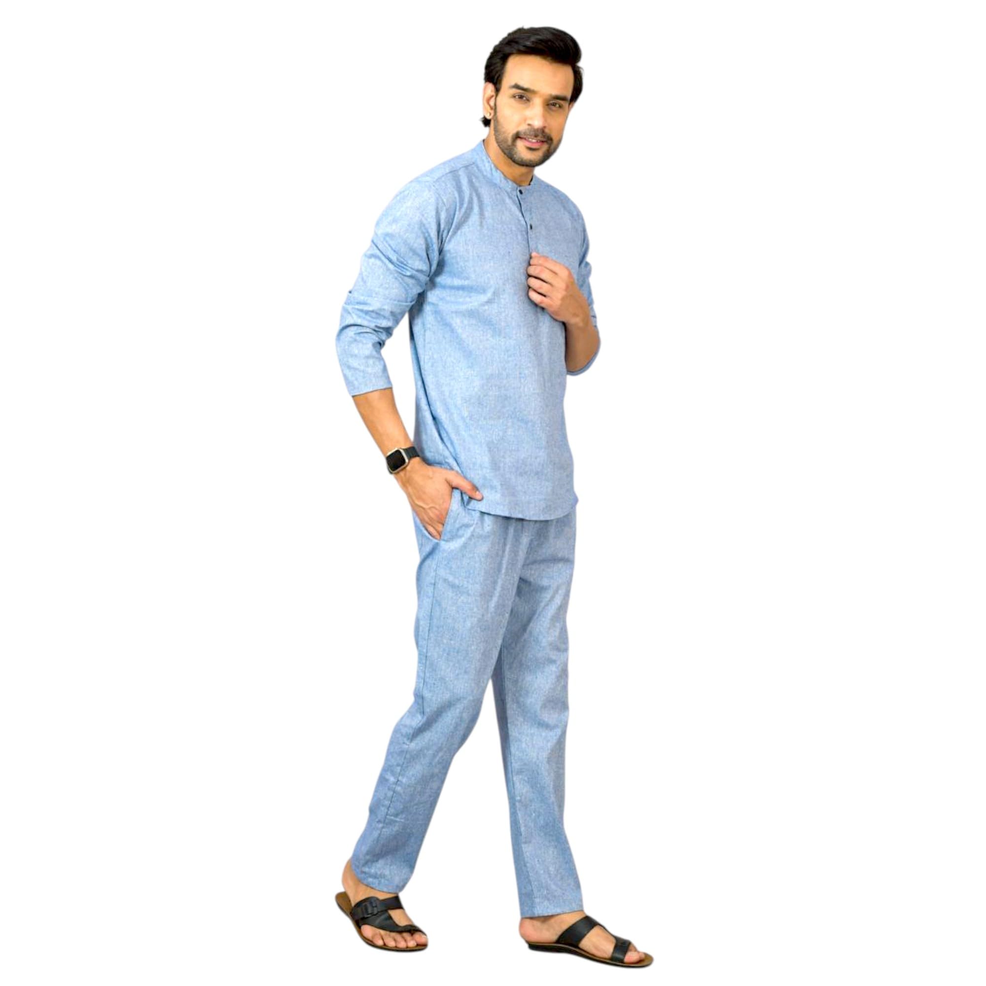 qashida Men's Cotton Handloom Solid Full Sleeve Hip-Length Mandarin Neck Kurta – Sophisticated Everyday Wear, Denim-picture-34