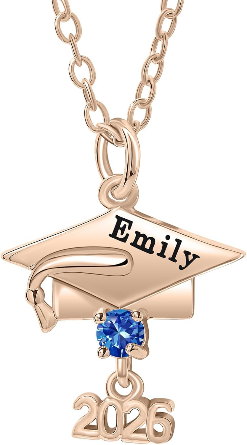 LucySky Custom Graduation Necklace for Women 925 Sterling Silver Graduation Necklace With Birthstone Grad Cap Pendant Class of 2026 Graduation Gift for Her