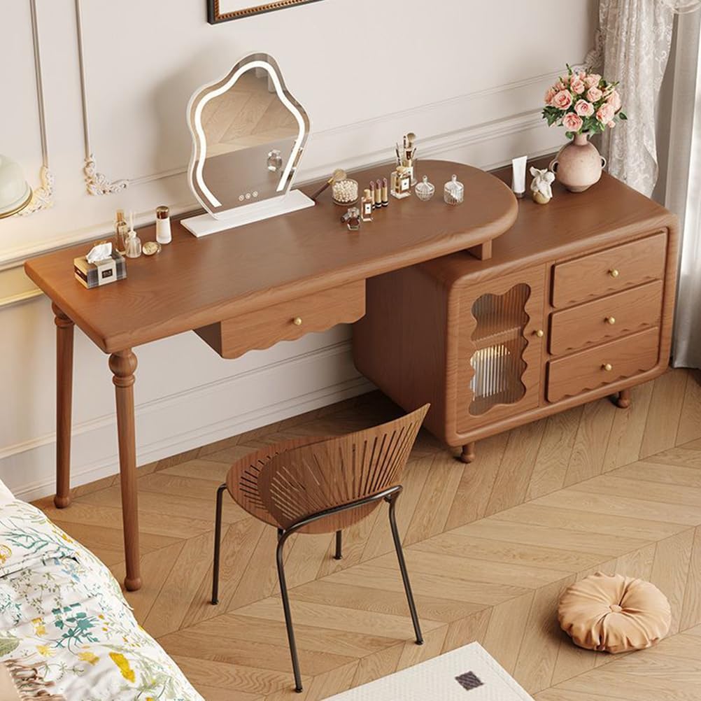 Tavolo da trucco asimmetrico con cassetti e armadietto, 3 modalità di illuminazione per camera da letto, design moderno, elegante tavolo da toeletta ideale per gli amanti del trucco