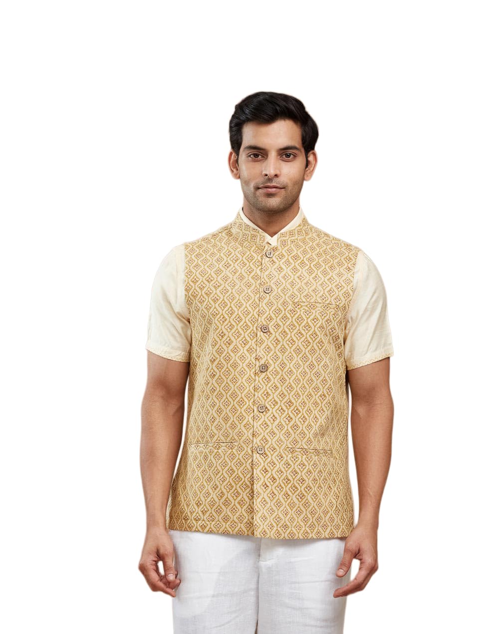Men Yellow Geometric Cotton Nehru Jacket-image-1