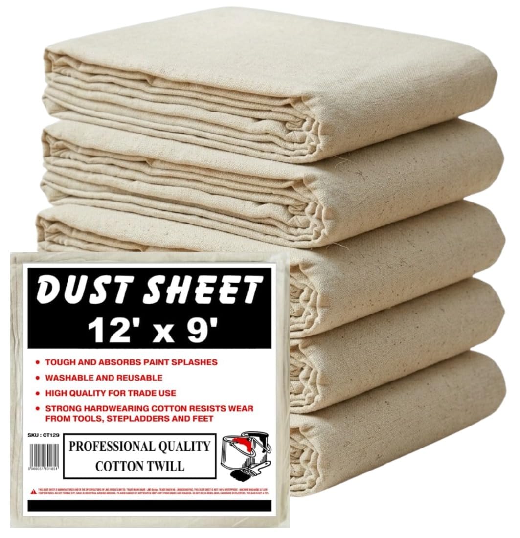JMS Bridge 5 x Professional Quality 100% Cotton Twill Heavy Duty DUST Sheets for Decorating. Size of Each Sheet : 3.5M x 2.6M / 12ft x 9ft. **Pack of 5 Sheets** (5xCT129)