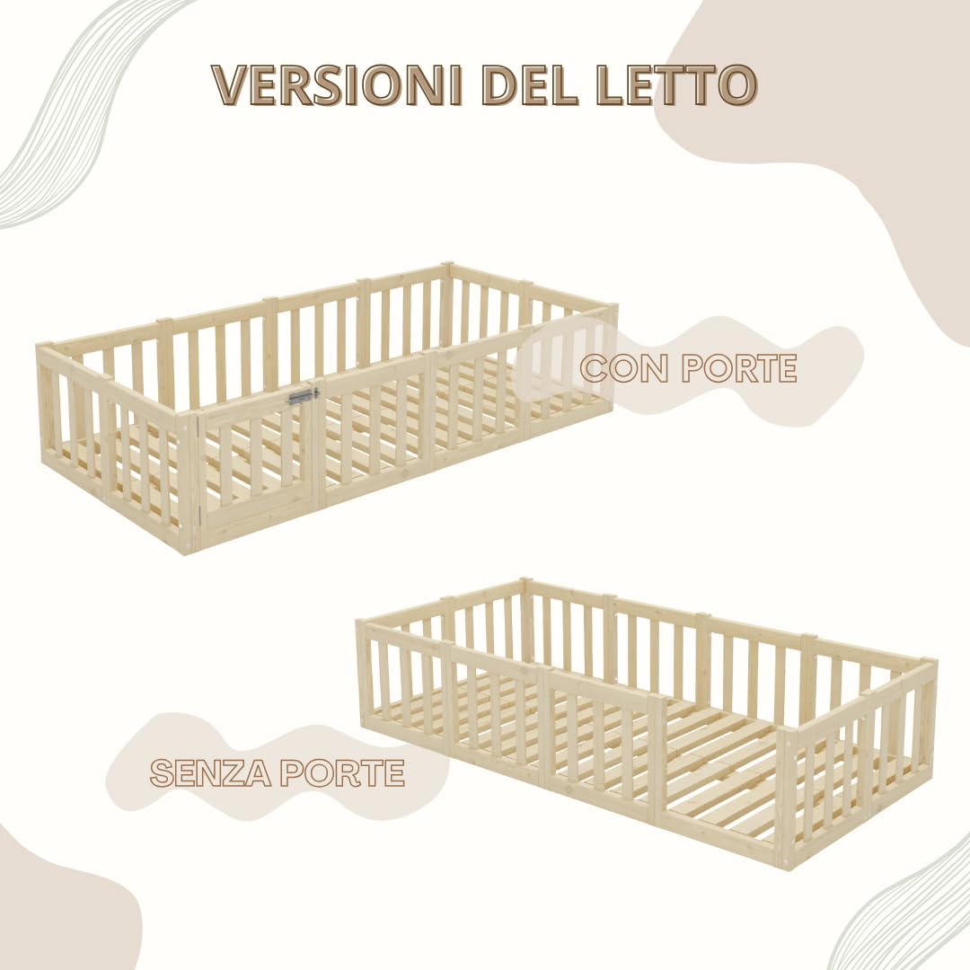 Letto per Bambini 180x140 cm – Letto Montessori a Pavimento con Barriera di 40 cm Rimovibile – Legno Naturale con Superficie Liscia – Perfetto per Bambini e Bambine Crazy Johnny